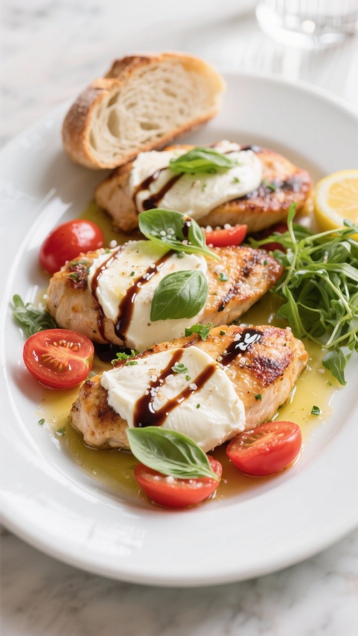 Final plated, top-down presentation: Chicken Caprese arranged on a wide white plate—each cutlet bl
