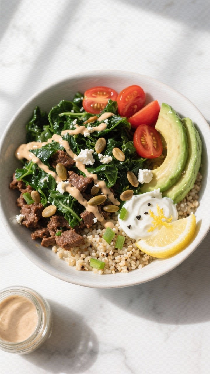 Final plated top view: Ground Beef & Kale Power Bowl assembled over fluffy quinoa in a matte white b