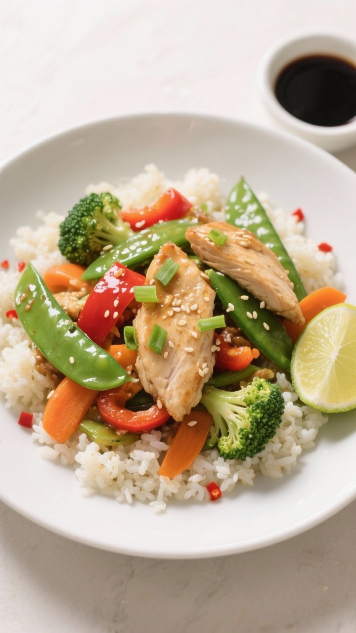 Final plated top view: Healthy Low Calorie Chicken & Veggie Stir Fry served over fluffy cauliflower 