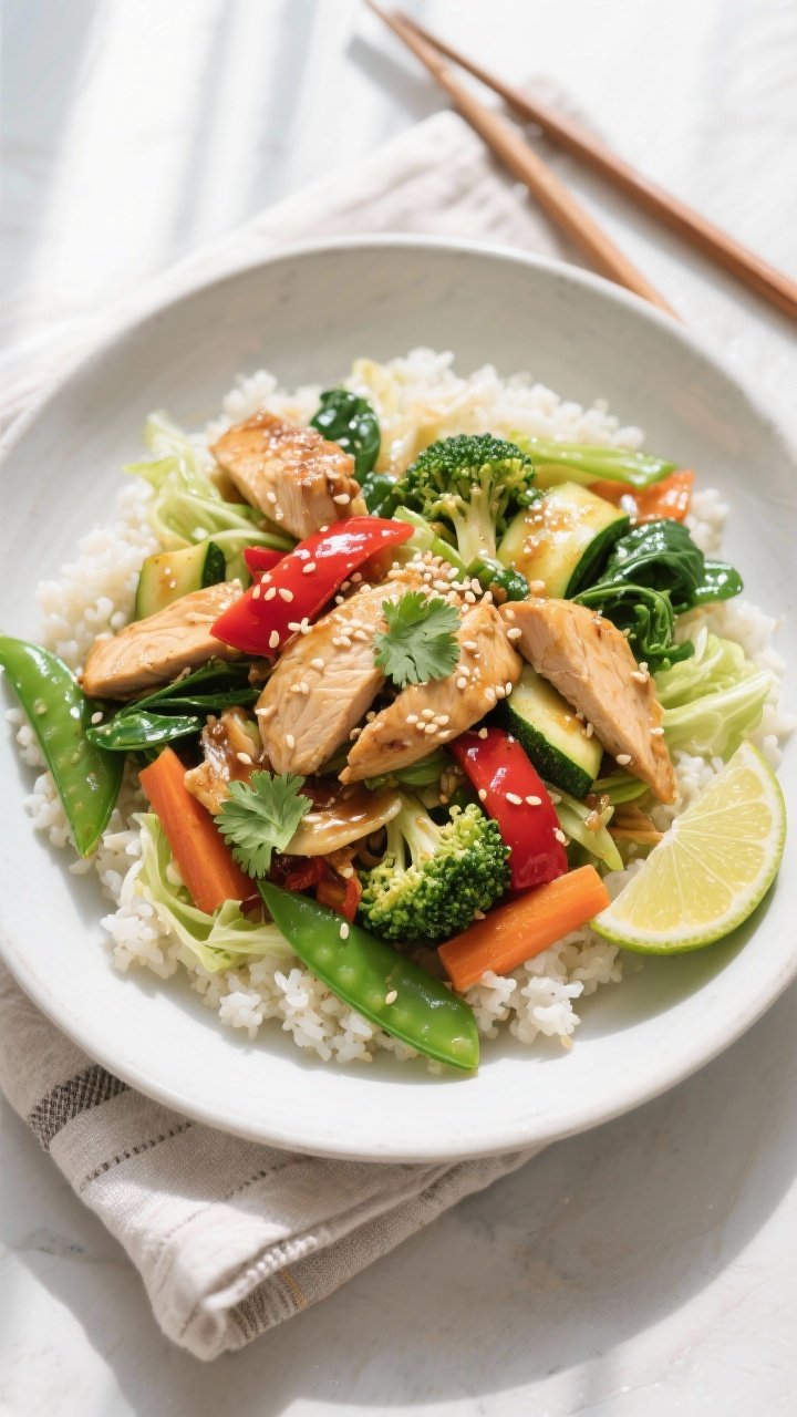 Final plated top view: Healthy Low Calorie Veggie Loaded Chicken Stir Fry served over cauliflower ri