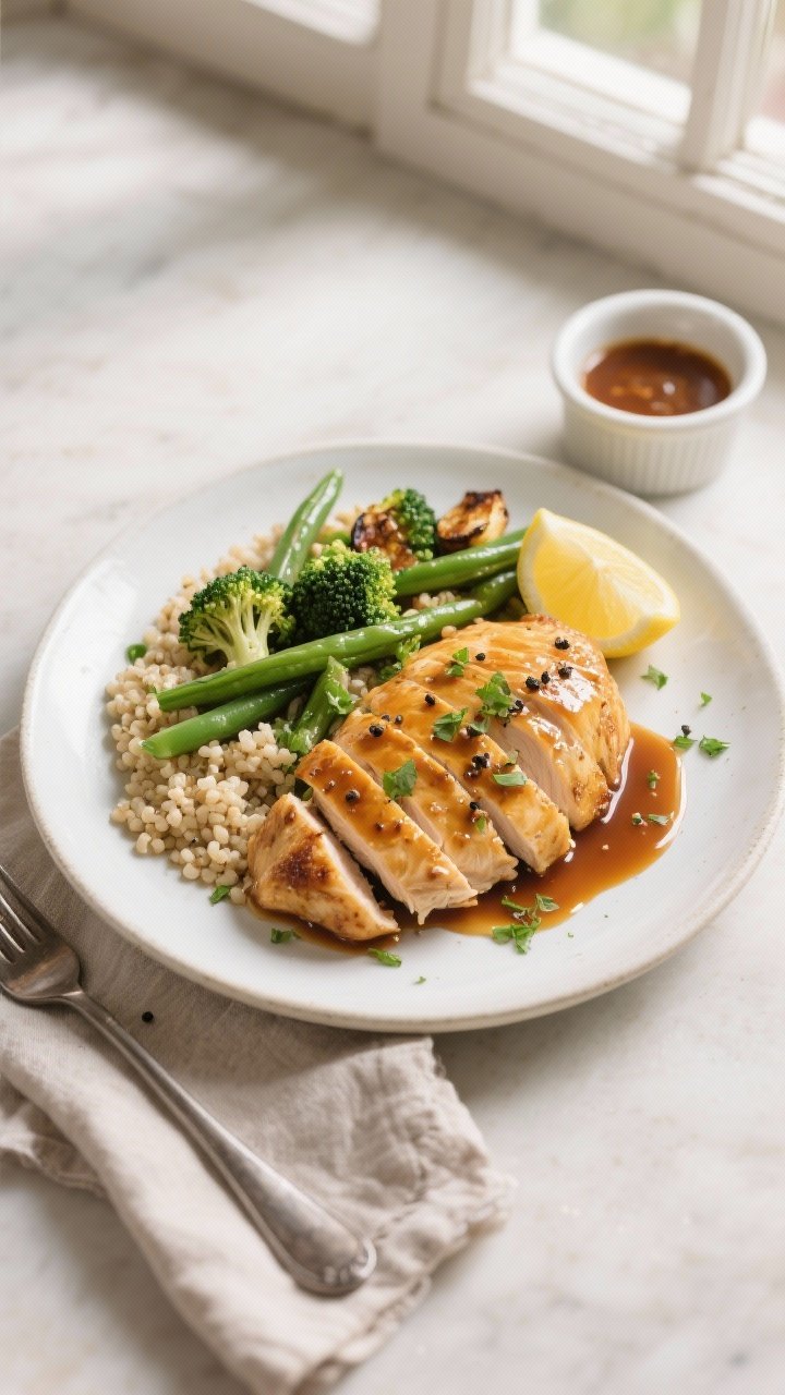 Final plated, top view: Overhead shot of beautifully plated Maple Dijon Chicken sliced on a white ce