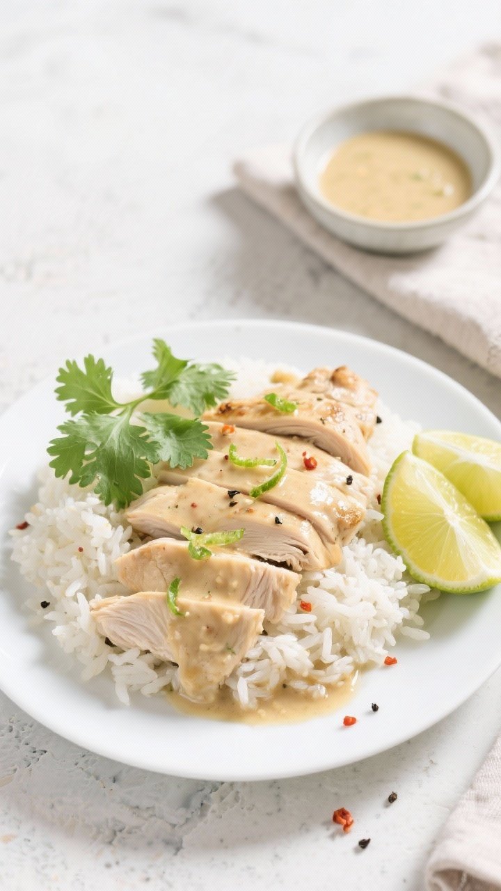 Final plated top view: Overhead shot of Coconut Lime Chicken sliced and fanned over fluffy jasmine r