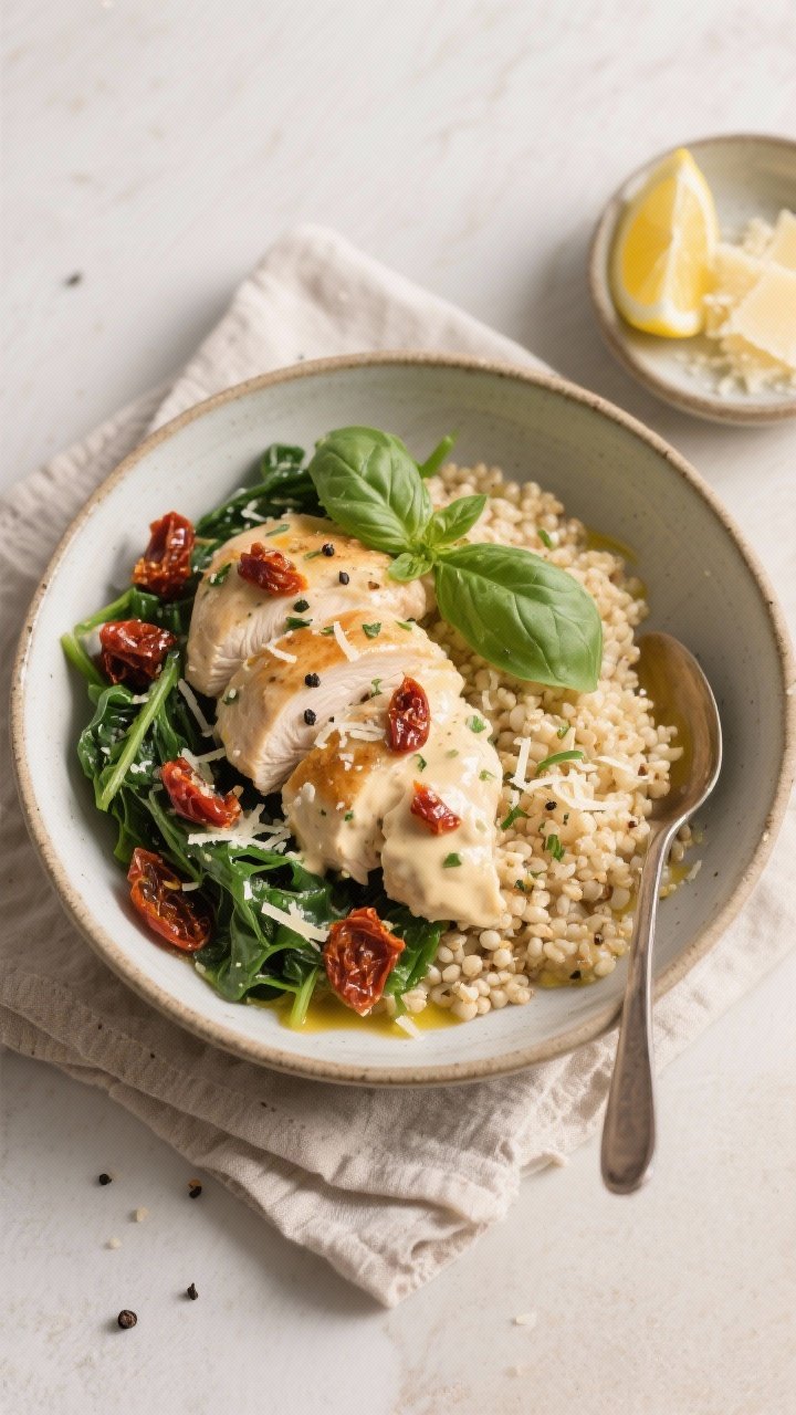 Final plated, top view — Overhead shot of Creamy High-Protein Tuscan Chicken Bowls: tender chicken