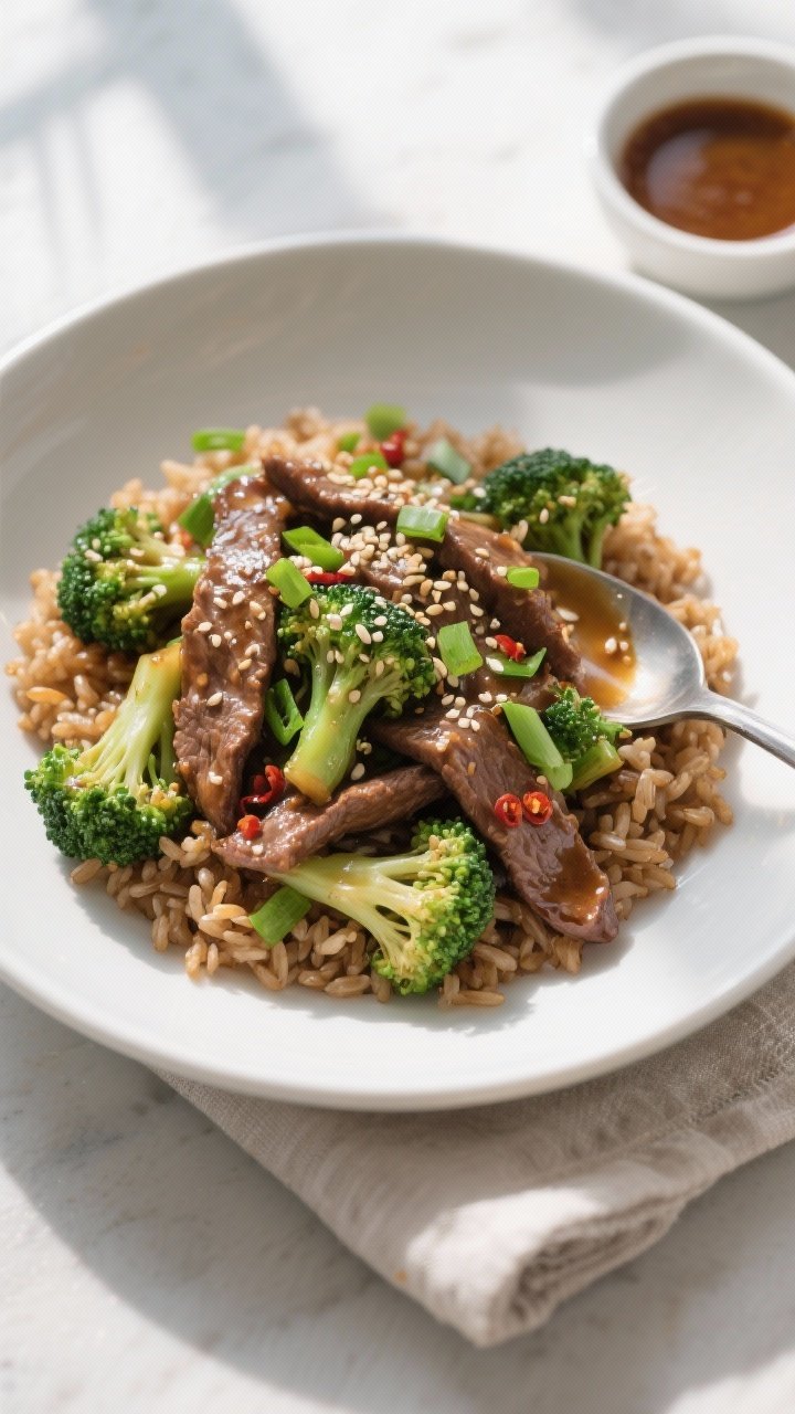 Final plated, top view: Overhead shot of Healthy Beef & Broccoli Stir-Fry spooned over warm brown ri