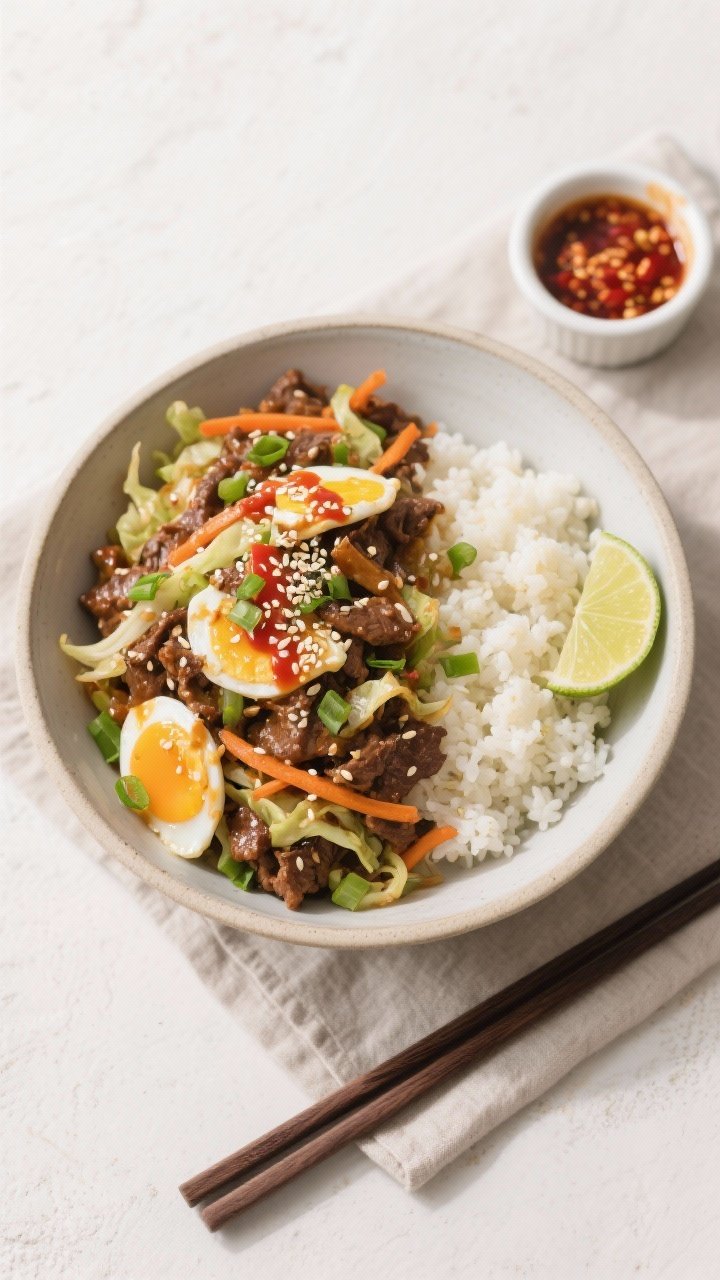 Final plated, top view: Overhead shot of High-Protein Beef Egg Roll in a Bowl served in a wide, shal