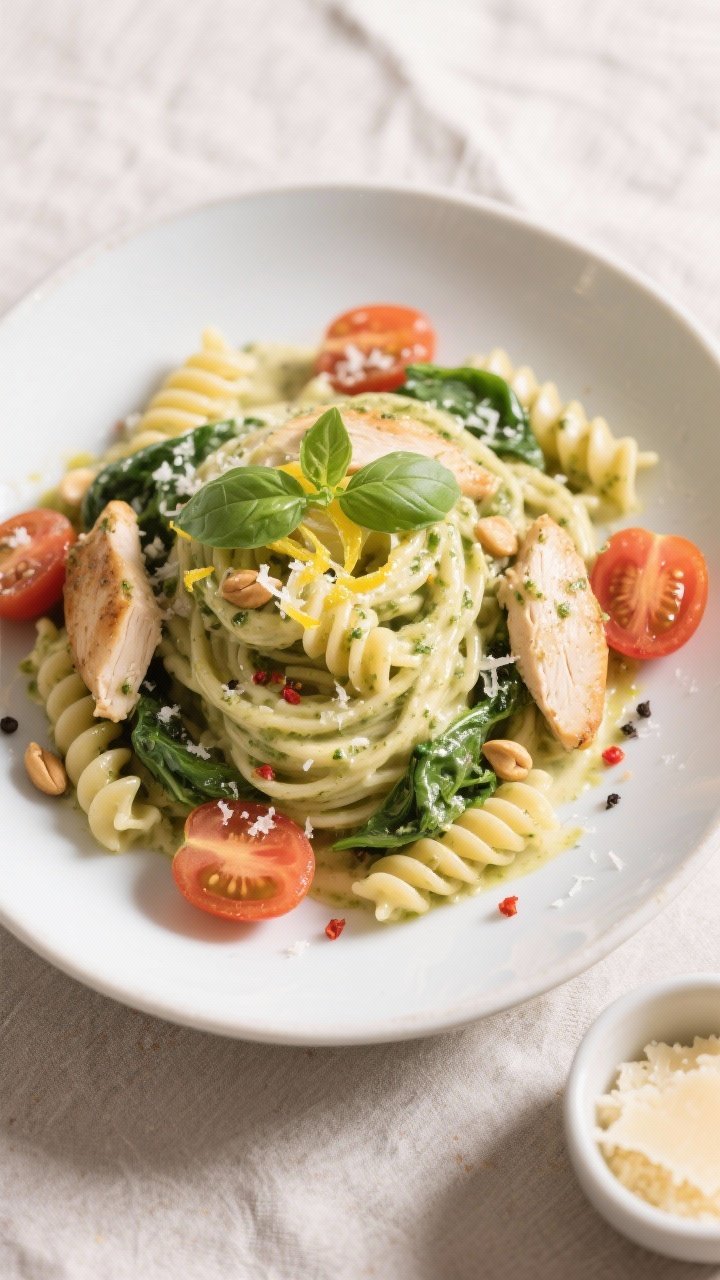 Final plated top view: Overhead shot of Light Creamy Pesto Chicken Pasta (fusilli) twirled into a ne