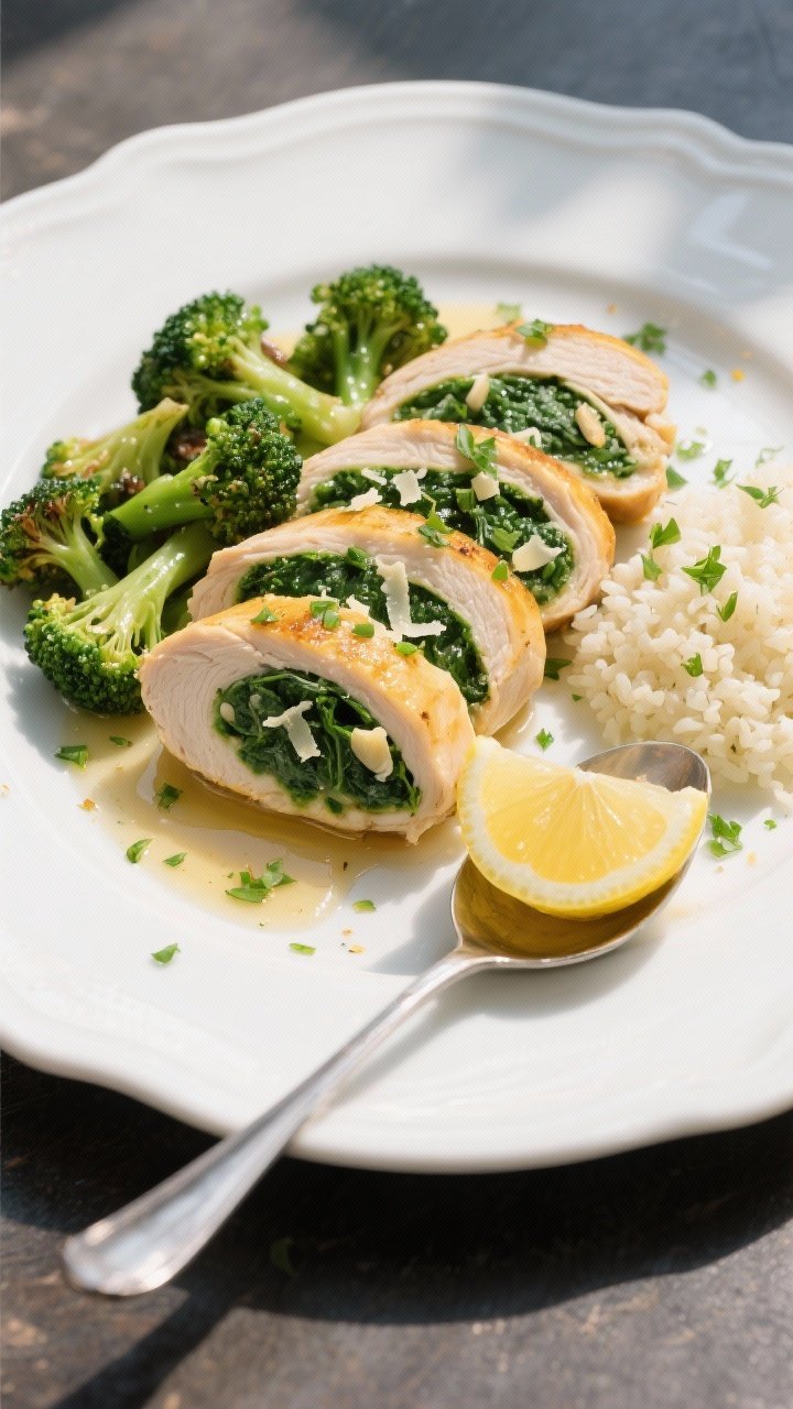Final plated, top view: Overhead shot of sliced spinach-stuffed chicken breast arranged in overlappi