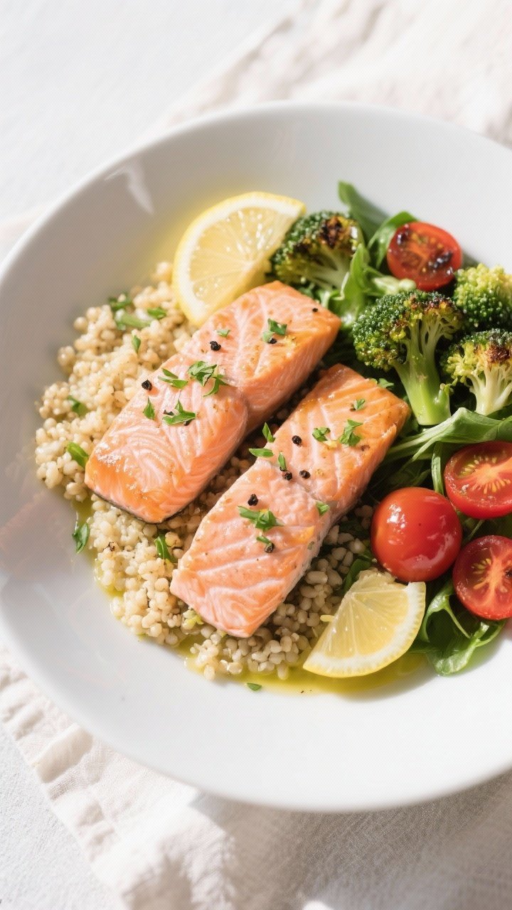 Overhead final dish bowl: High-protein lemon herb salmon meal prep bowl, . Two salmon portions nestl