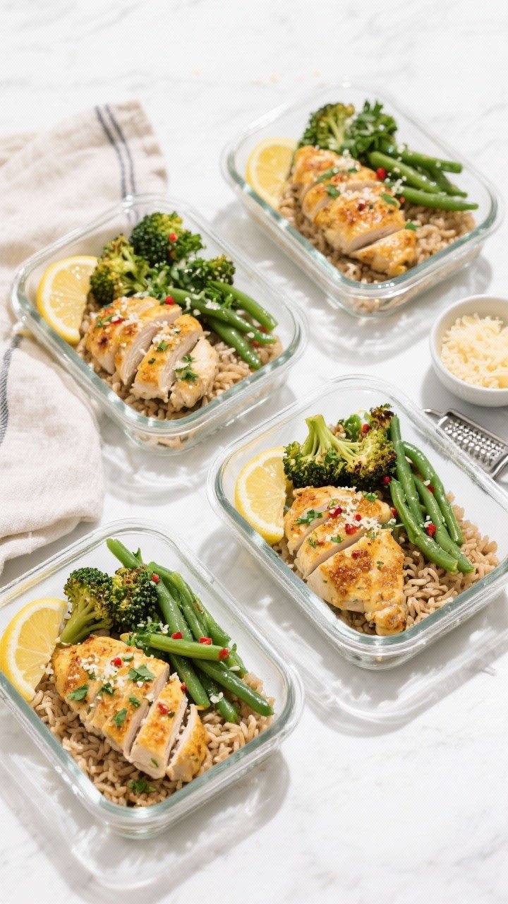 Overhead final meal prep presentation: of four neatly portioned glass meal prep containers, each wit