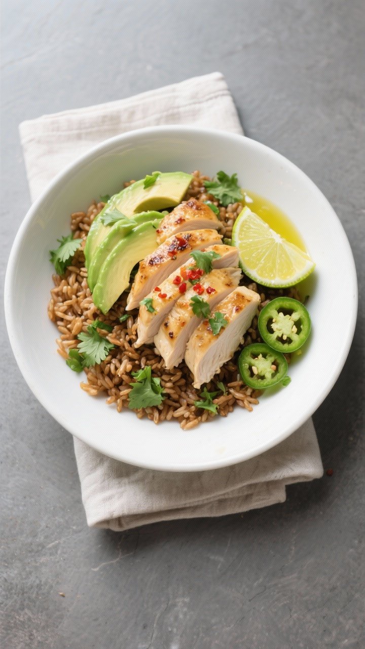 Overhead final plate: Cilantro lime chicken with brown rice bowl, showing fluffy long-grain brown ri