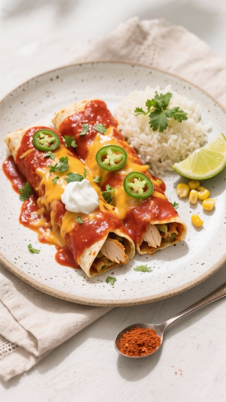 Overhead final plate presentation: Two neatly sliced chicken enchiladas topped with a glossy red enc
