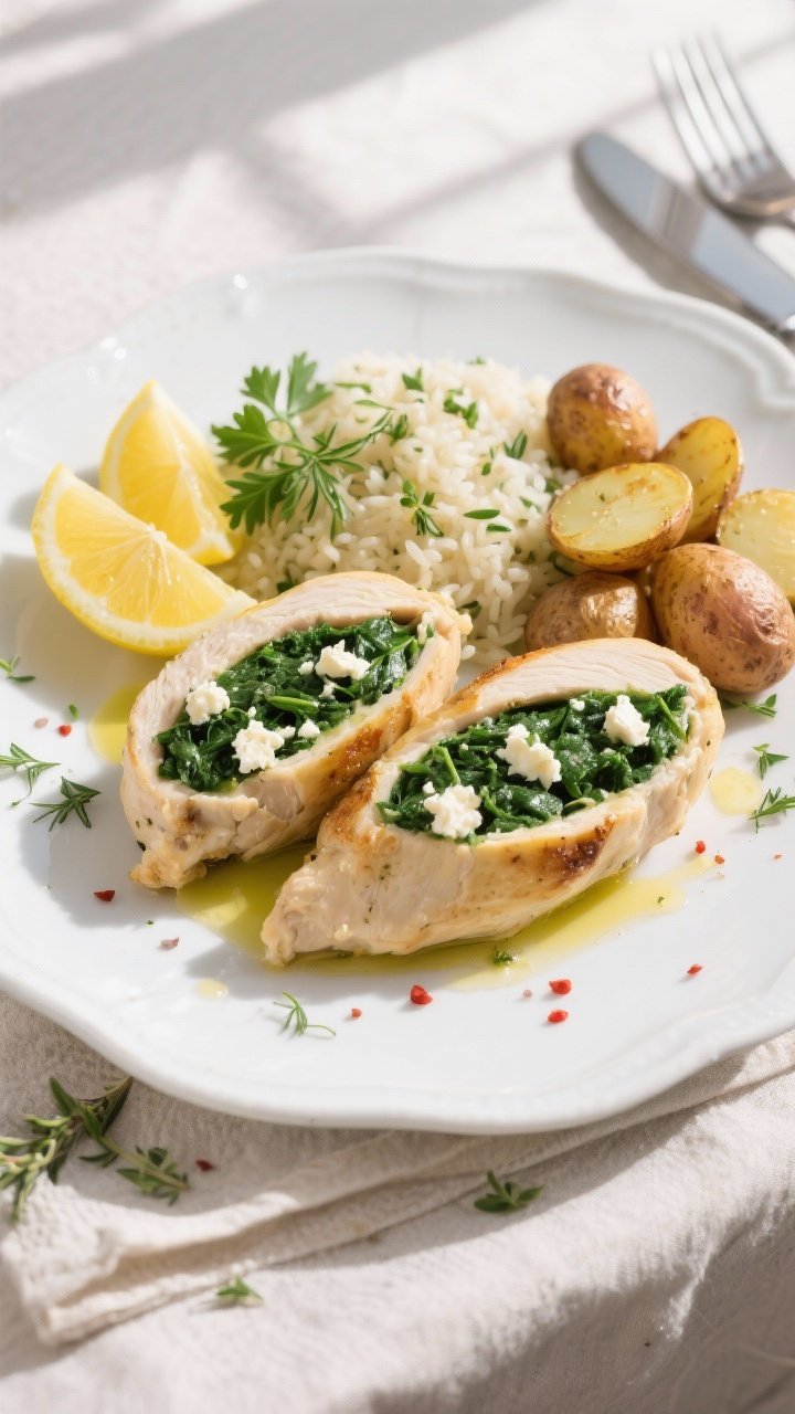 Overhead final plating: Two sliced spinach & feta stuffed chicken breasts fanned on a white ceramic 