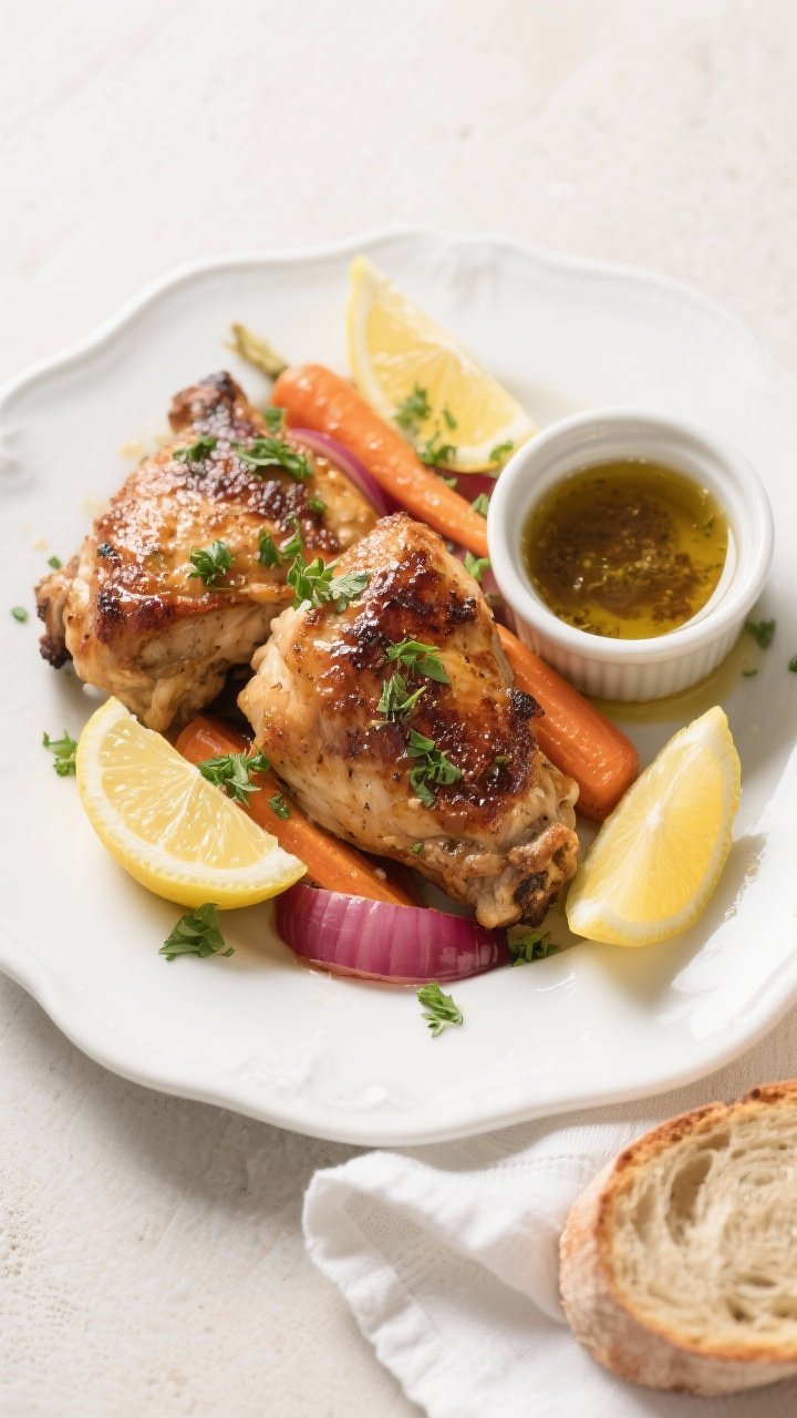 Overhead final presentation: Beautifully plated herb-roasted chicken thighs with tender carrots and