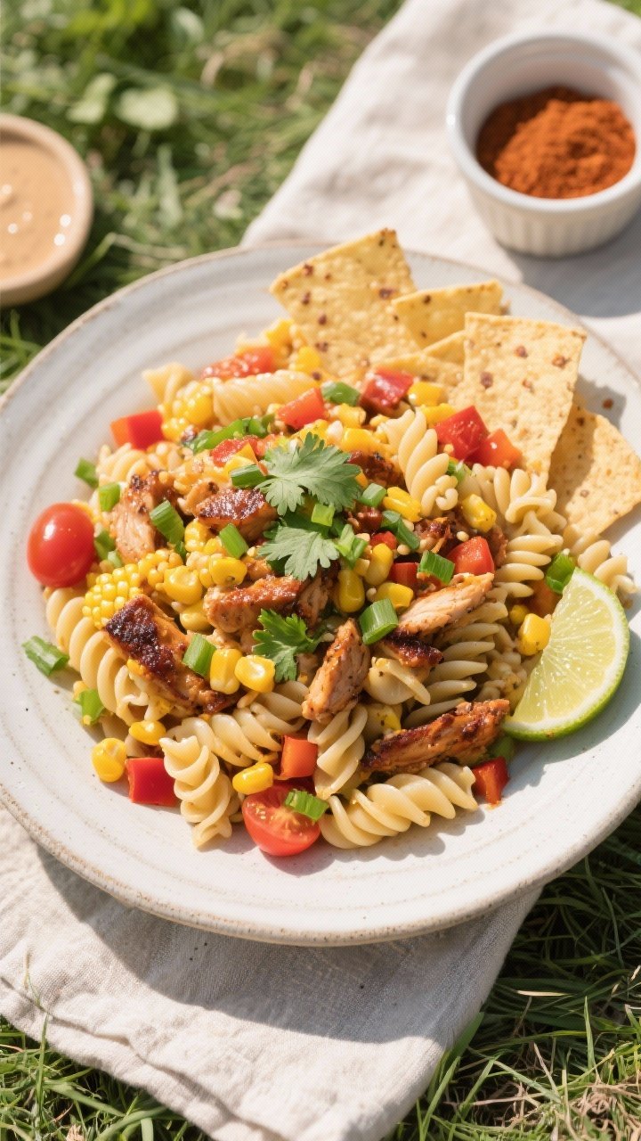 Overhead final presentation: finished BBQ Chicken & Sweet Corn Pasta Salad mounded in a wide, matte 