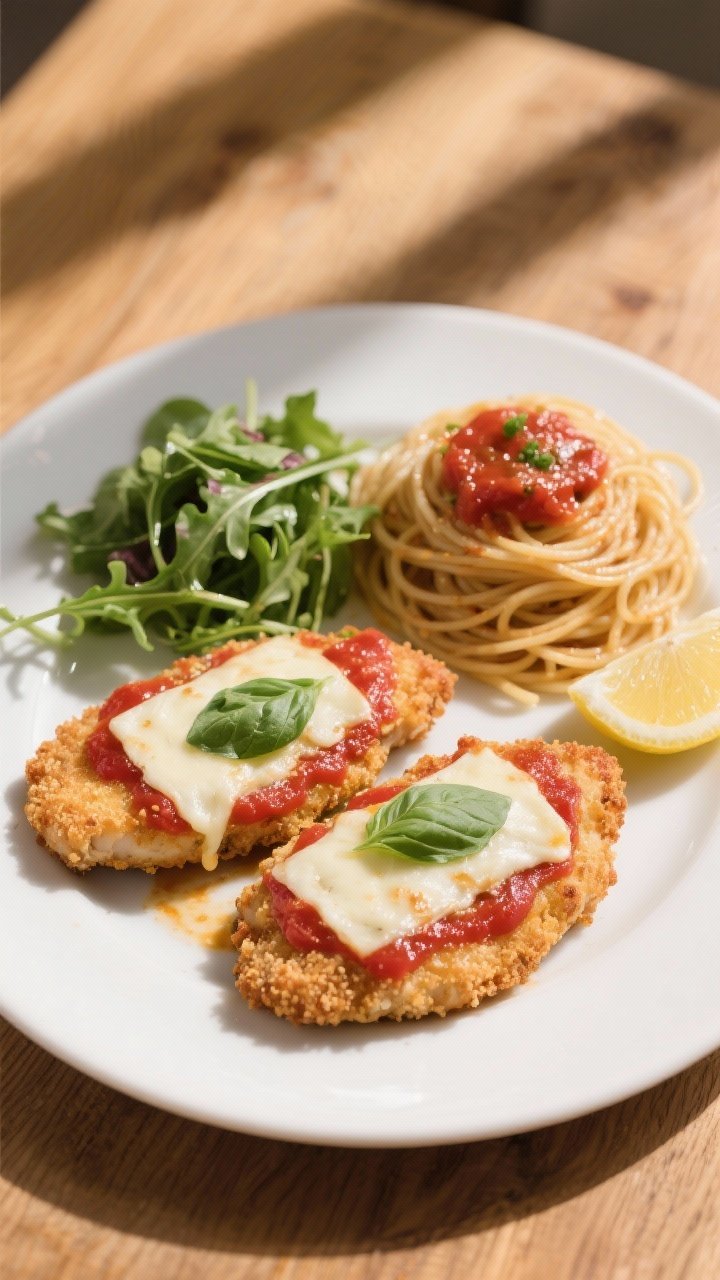 Overhead final presentation of Healthy Chicken Parmesan plated: two thin, evenly breaded cutlets top