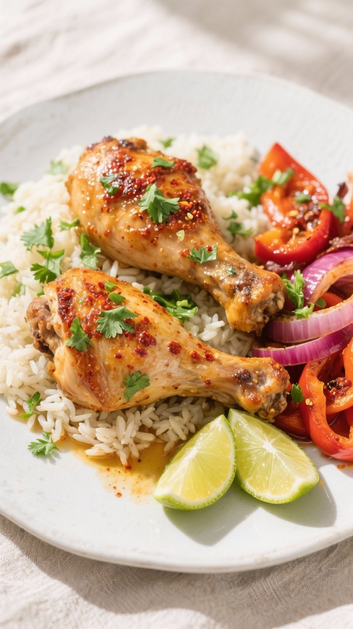 Overhead final presentation: Restaurant-quality plated Chili Lime Baked Chicken Thighs, two thighs o