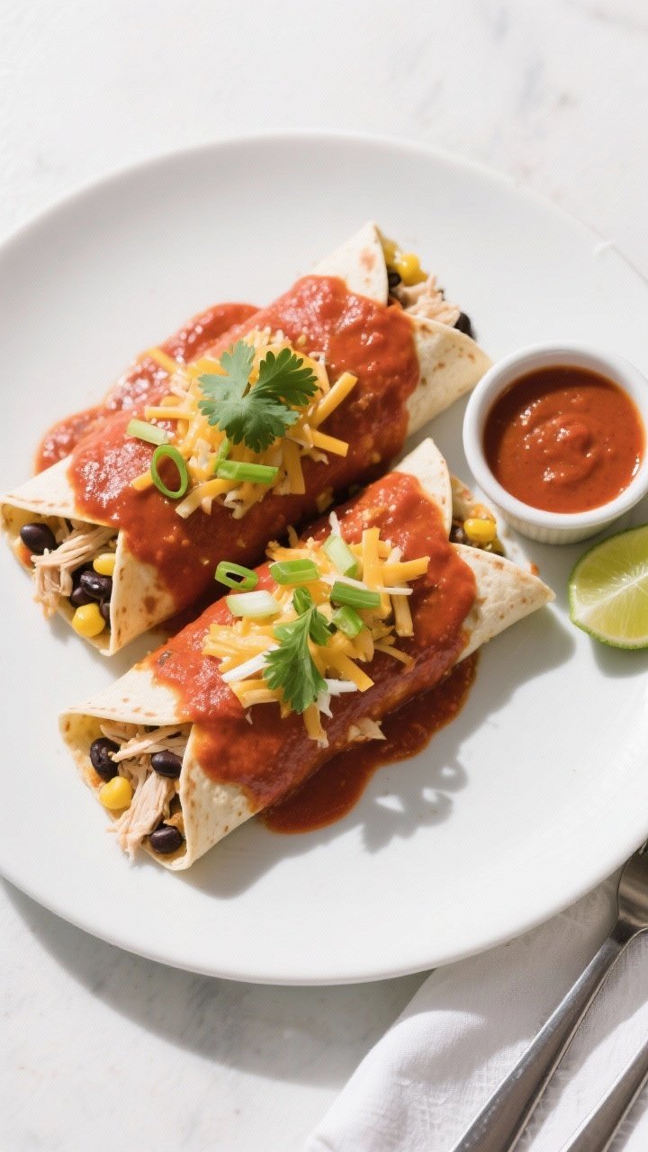 Overhead final presentation: Top-down shot of two lightened-up chicken enchiladas plated on a matte 