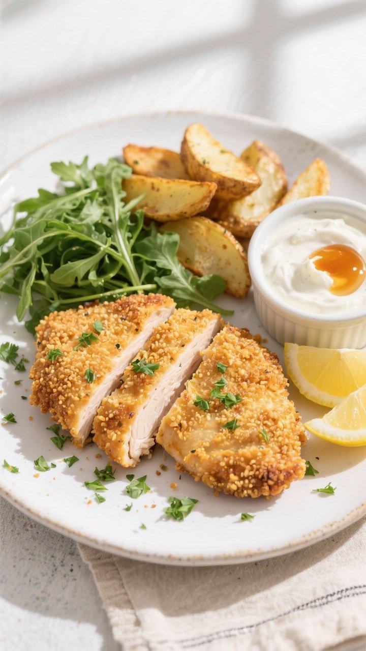 Overhead final presentation: Two air fryer crispy chicken cutlets sliced to show juicy interior, arr