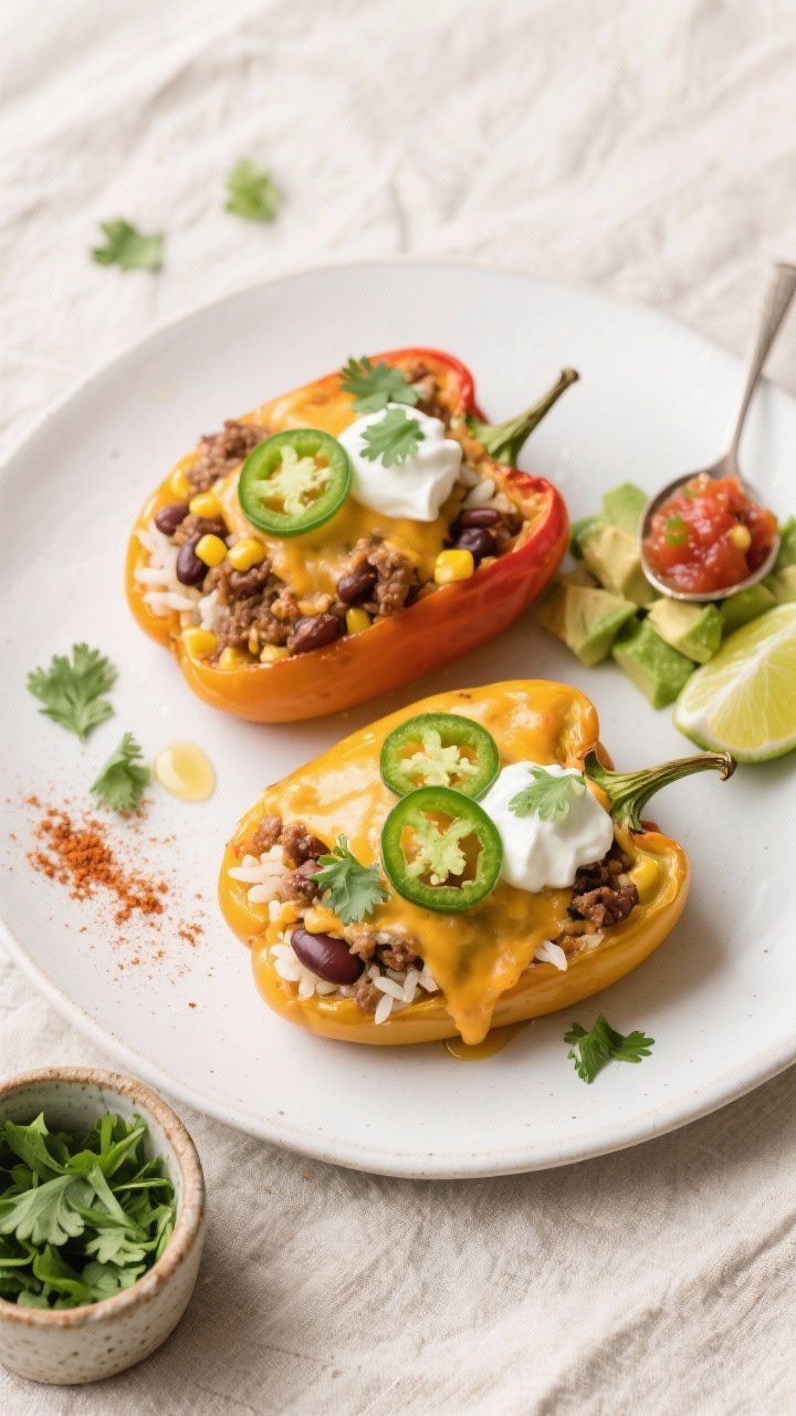 Overhead final presentation: two plated Healthy Beef Taco Stuffed Peppers on a matte white plate, ne