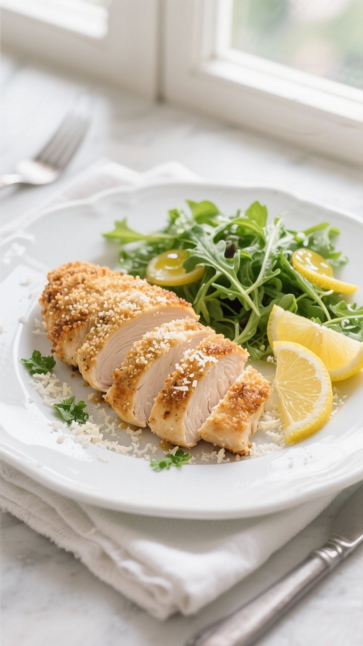 Overhead final presentation: Two sliced chicken breast cutlets with a perfectly intact, evenly brown