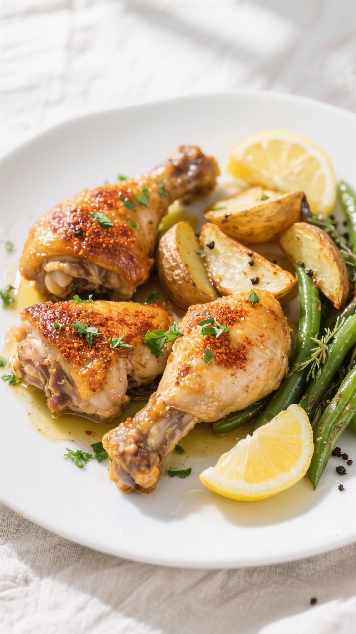 Overhead plated presentation of the final dish: 2–3 bone-in, skin-on garlic herb baked chicken thi