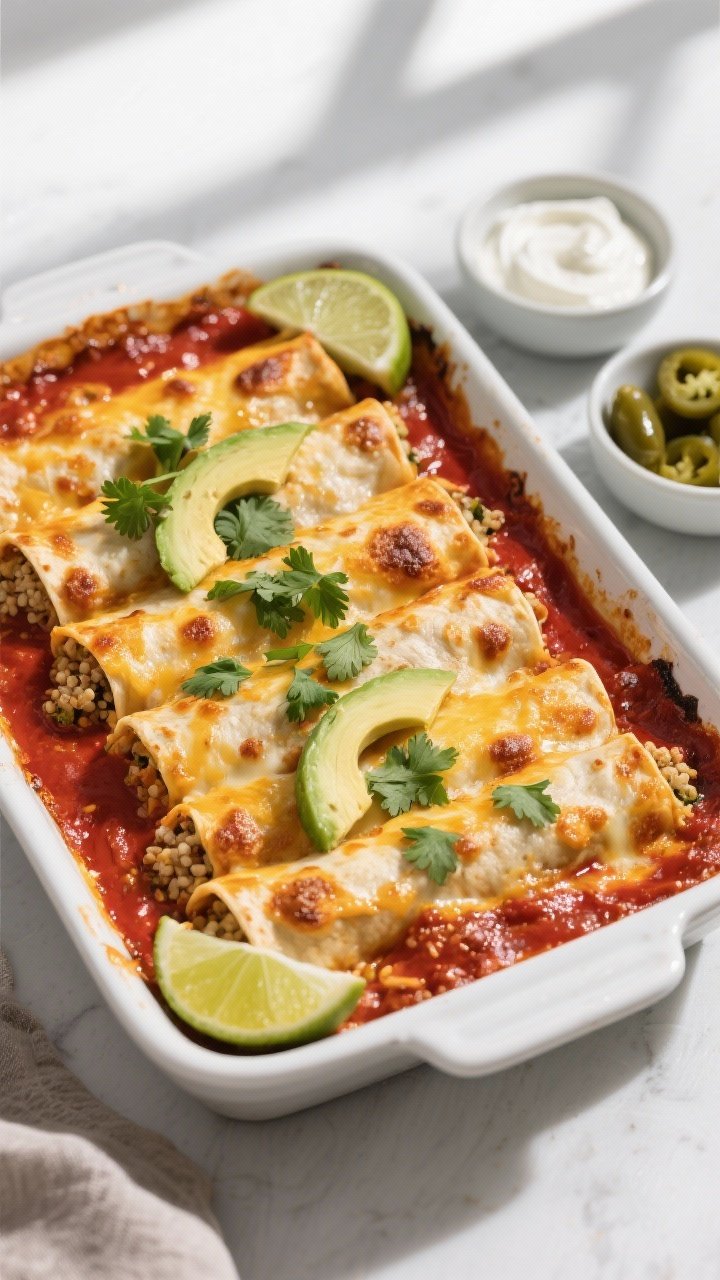 Overhead shot of a 9x13 baking dish of quinoa-stuffed chicken enchiladas just out of the oven, sauce