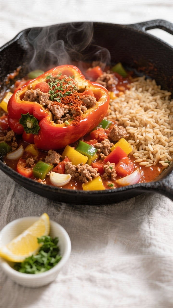 Overhead shot of a colorful stuffed bell pepper skillet mid-cook: browned ground turkey crumbles sim