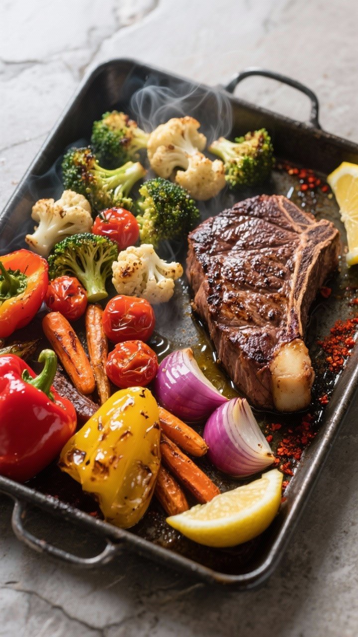 Overhead shot of a hot sheet pan fresh from the oven showing the cooked sheet pan steak and rainbow 