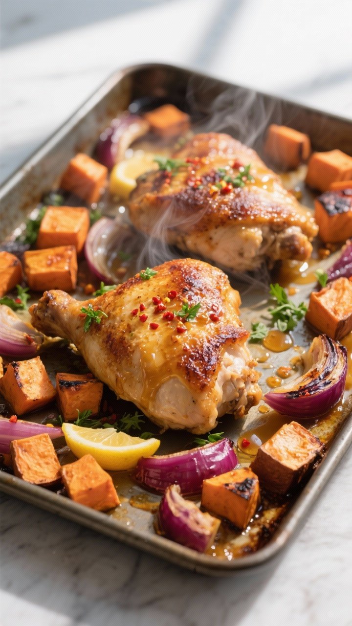 Overhead shot of a just-roasted one-pan chicken and sweet potatoes on a hot sheet pan, skin-on chick
