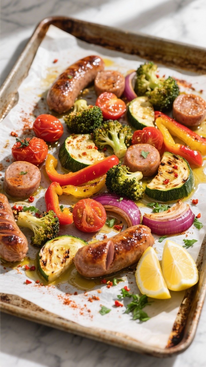 Overhead shot of a just-roasted sheet pan of sausage and veggies pulled from a 425°F oven: carameli