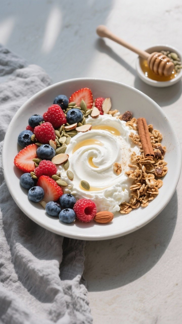Overhead shot of a Sweet Berry Crunch Cottage Cheese Bowl: whipped cottage cheese base swirled to a