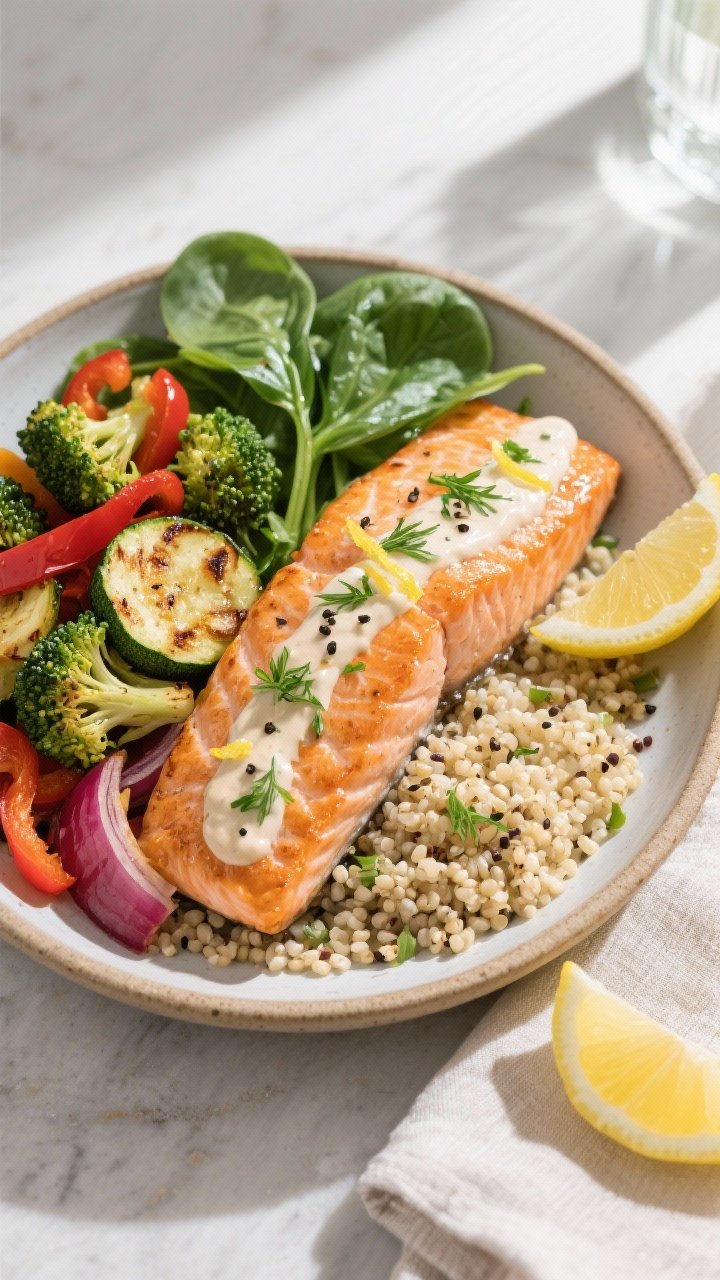Overhead shot of assembled Healthy High Protein Salmon Power Plate: sliced, just-roasted salmon fill