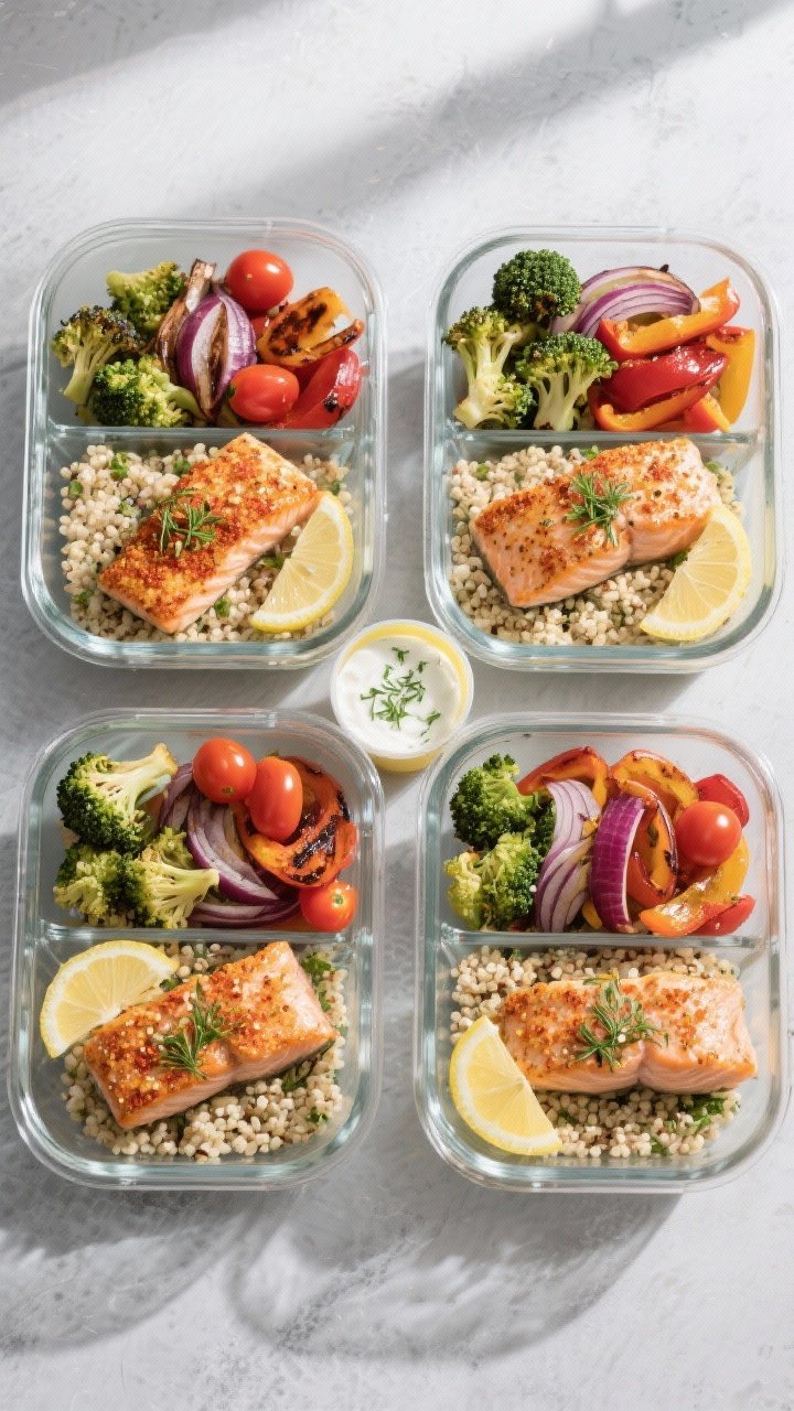 Overhead shot of assembled High-Protein Salmon Meal Prep Bowls in four glass containers on a cool gr