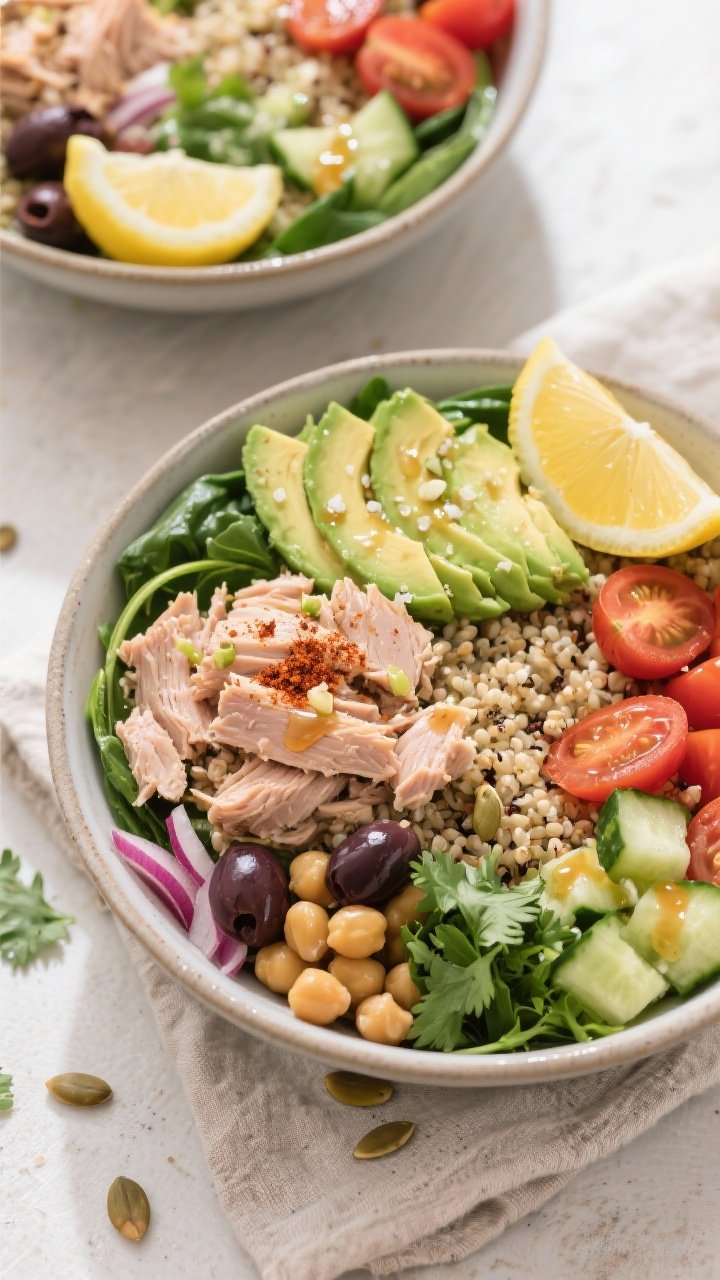 Overhead shot of assembled High Protein Tuna Avocado Power Bowls, fully prepared and ready to eat: f