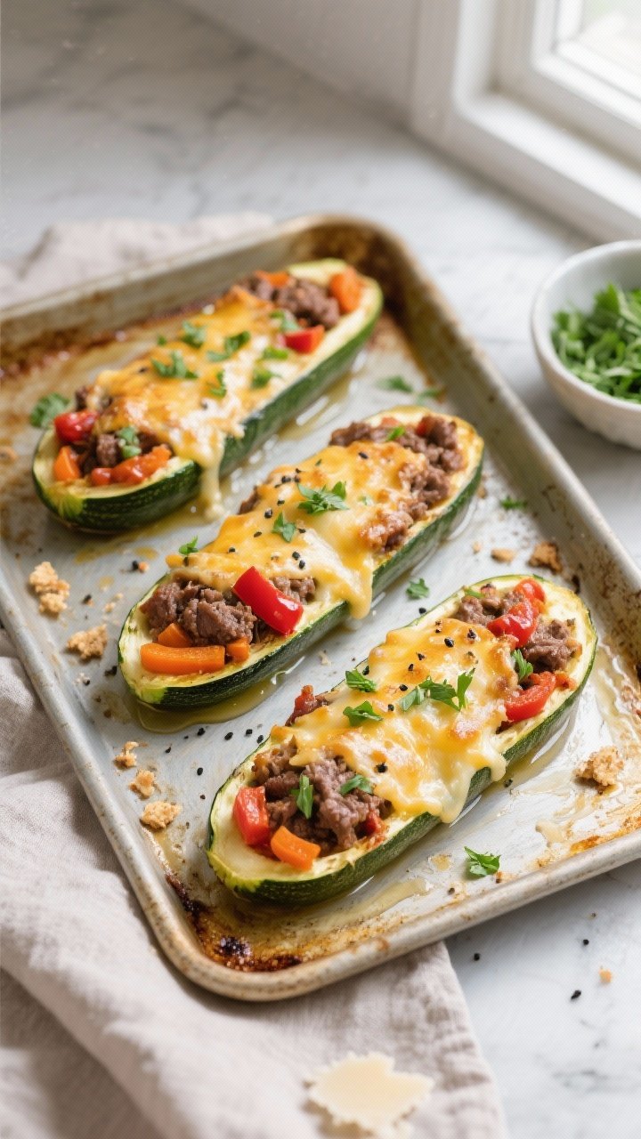 Overhead shot of Beef & Veggie Stuffed Zucchini Boats just out of the oven on a sheet pan, cheese me