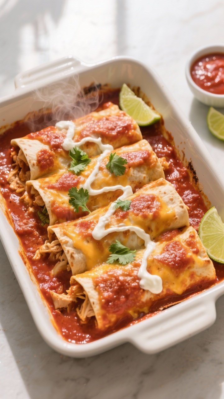 Overhead shot of freshly baked chicken enchiladas in a 9x13-inch baking dish, tortillas snug and sea