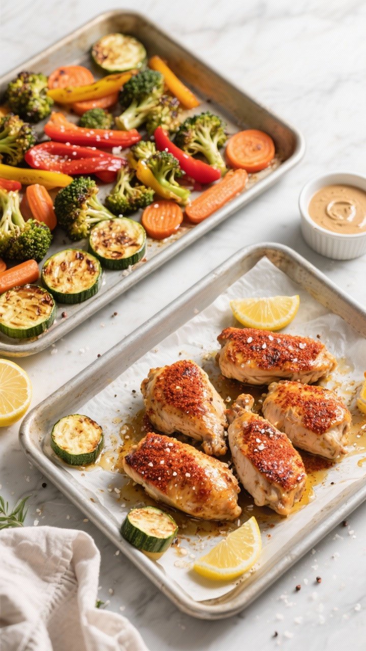 Overhead shot of roasted chicken and vegetable sheet pans just out of the oven, showing caramelized