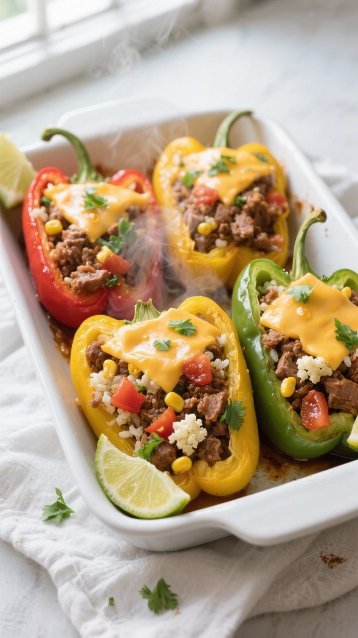 Overhead shot of taco stuffed bell peppers just out of the oven: four upright, tender bell pepper ha