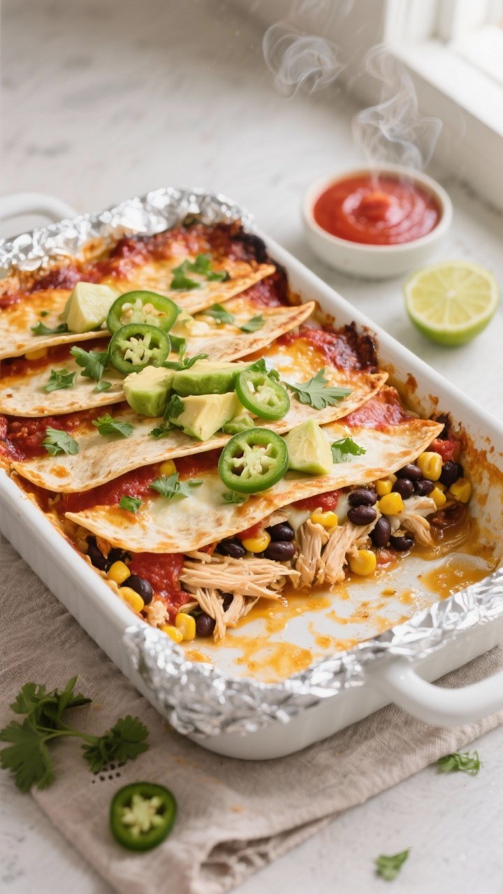 Overhead shot of the baked, layered chicken enchilada casserole just out of the oven, foil removed, 