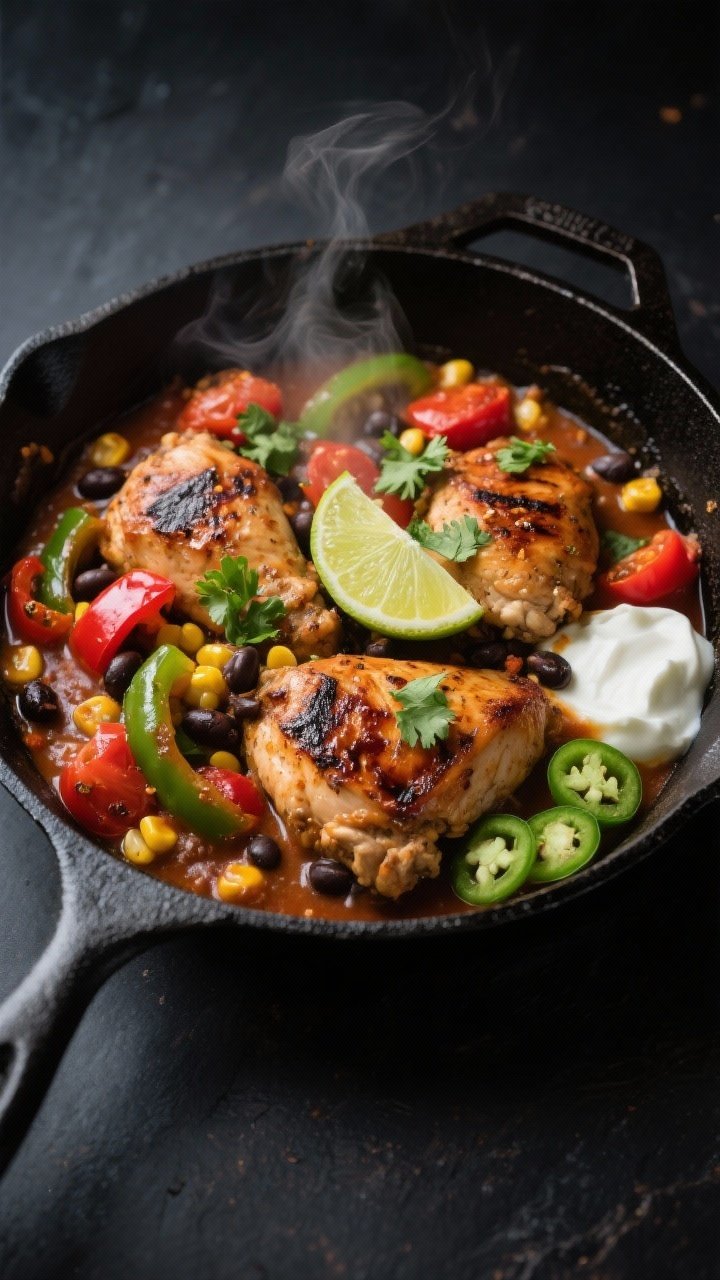 Overhead shot of the finished Mexican chicken skillet in a black cast-iron pan: juicy browned chicke