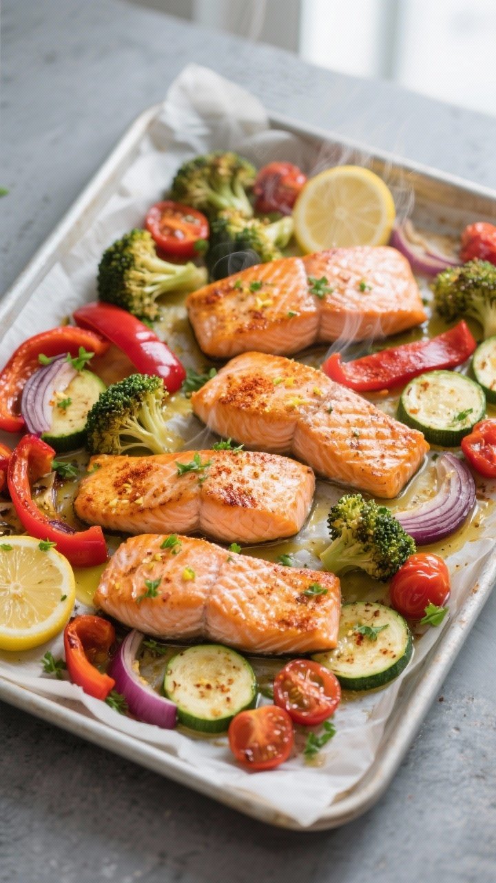 Overhead shot of the finished one-pan lemon-garlic salmon and roasted veggies straight from the oven