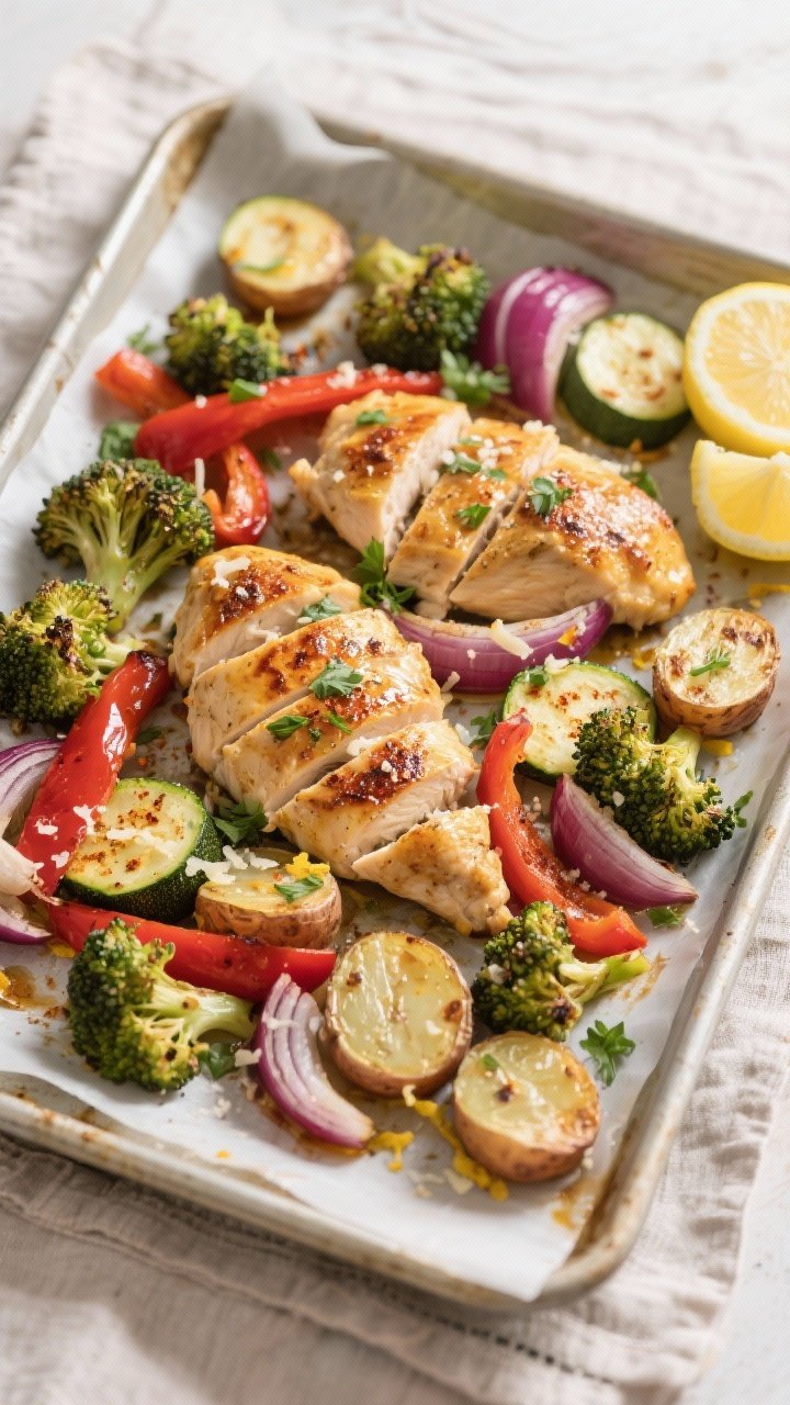 Overhead shot of the finished sheet pan garlic chicken just out of the oven: golden, juicy sliced ch