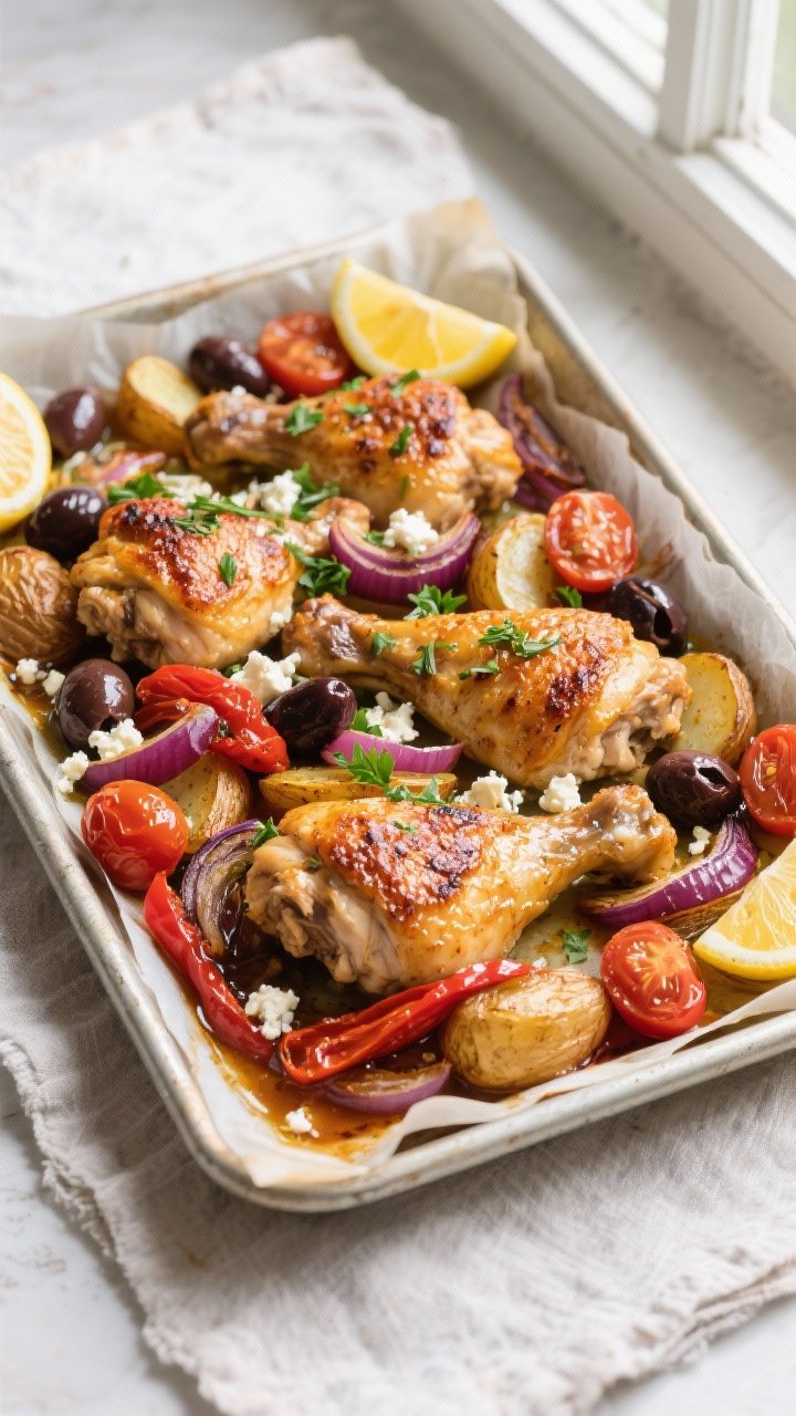 Overhead shot of the Mediterranean Chicken Thigh Bake just out of the oven on a rimmed sheet pan: go
