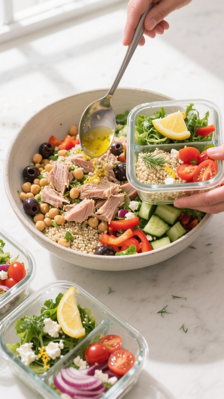 Overhead shot of the prepared Mediterranean tuna and chickpea salad being portioned for meal prep: a