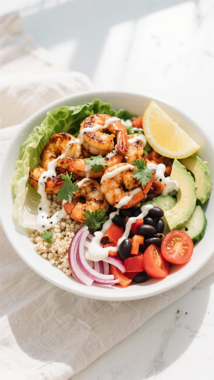 Tasty top view final bowl: Overhead shot of a High Protein Cajun Shrimp Protein Bowl—fluffy quinoa