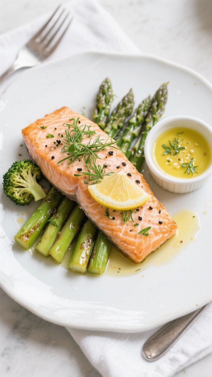 Tasty top view final dish: Overhead shot of a beautifully plated lemon-dill salmon on a white cerami