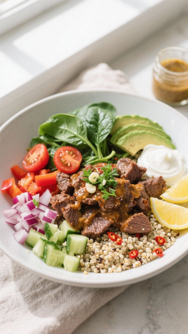 Tasty top view final dish: Overhead shot of a Clean-Eating Beef & Quinoa Bowl arranged in a wide, ma
