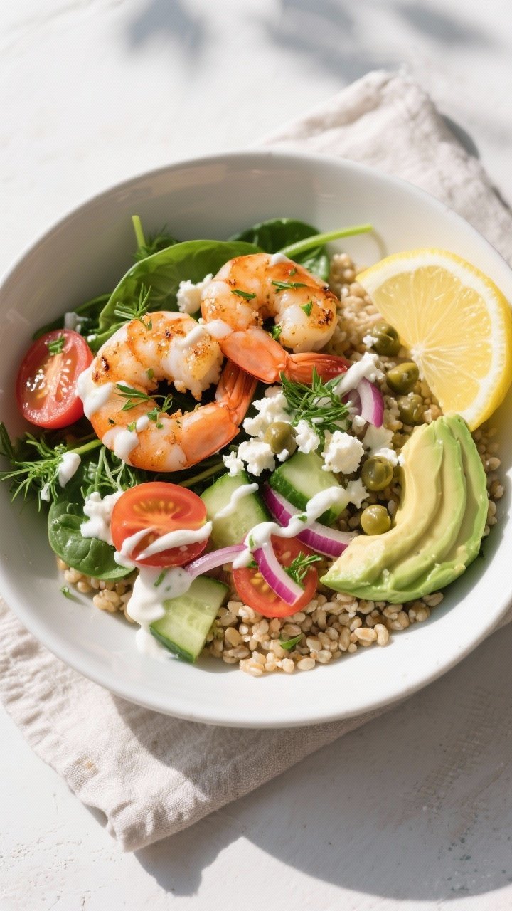 Tasty top view, final dish: Overhead shot of a High Protein Lemon Herb Shrimp Bowl assembled on warm