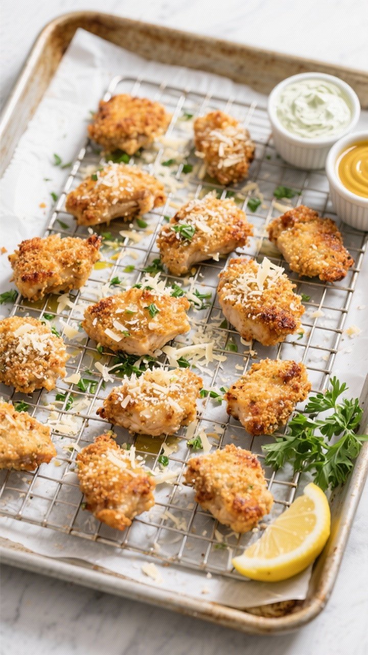 Tasty top view (final dish): Overhead shot of crispy garlic-Parmesan chicken bites arranged on a par