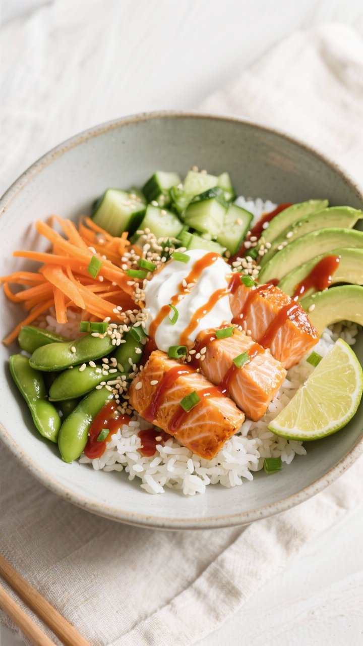 Tasty top view / final dish: Overhead shot of Healthy High Protein Salmon Rice Bowl beautifully asse